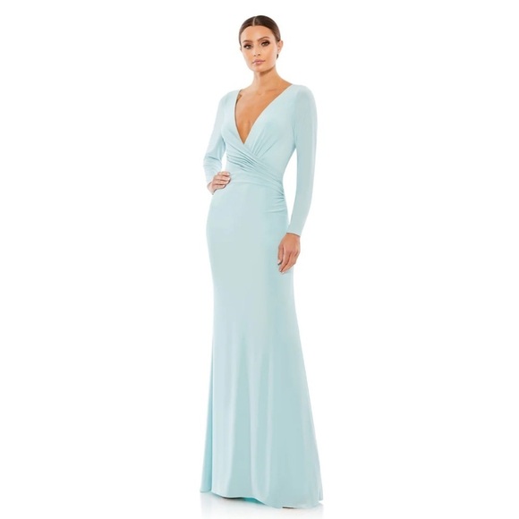 Mac Duggal 26573 NWT LONG SLEEVE RUCHED JERSEY V-NECK GOWN - Picture 1 of 7